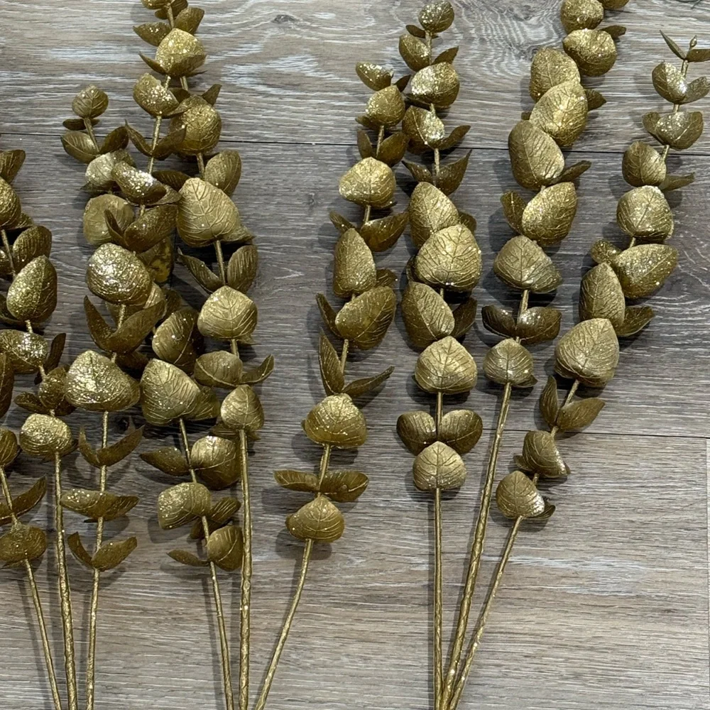 New Gold Metallic Faux Eucalyptus Christmas Floral Stems 26” - Set of 5